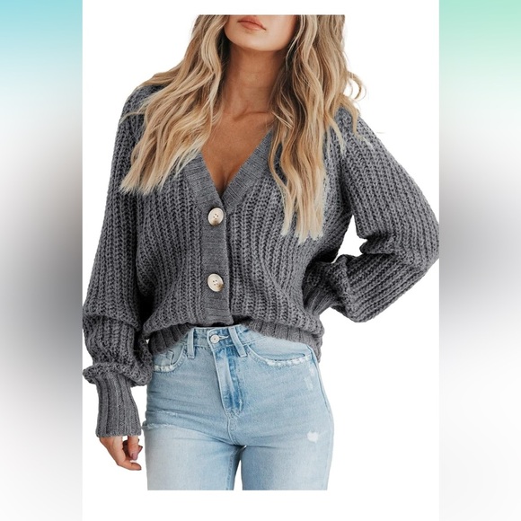 Sweaters - Chunky Knit Open Front Sweater Long Sleeve Button Loose Short Cardigan
8092